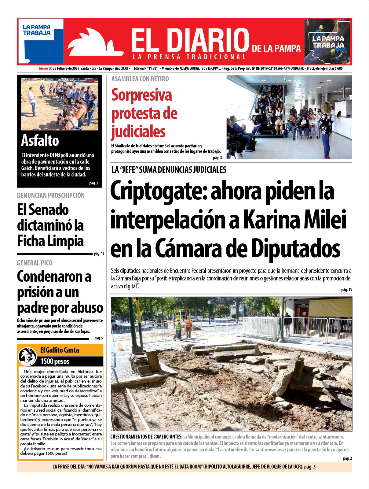 Tapa de El Diario en papel  jueves 20 de febrero de 2025